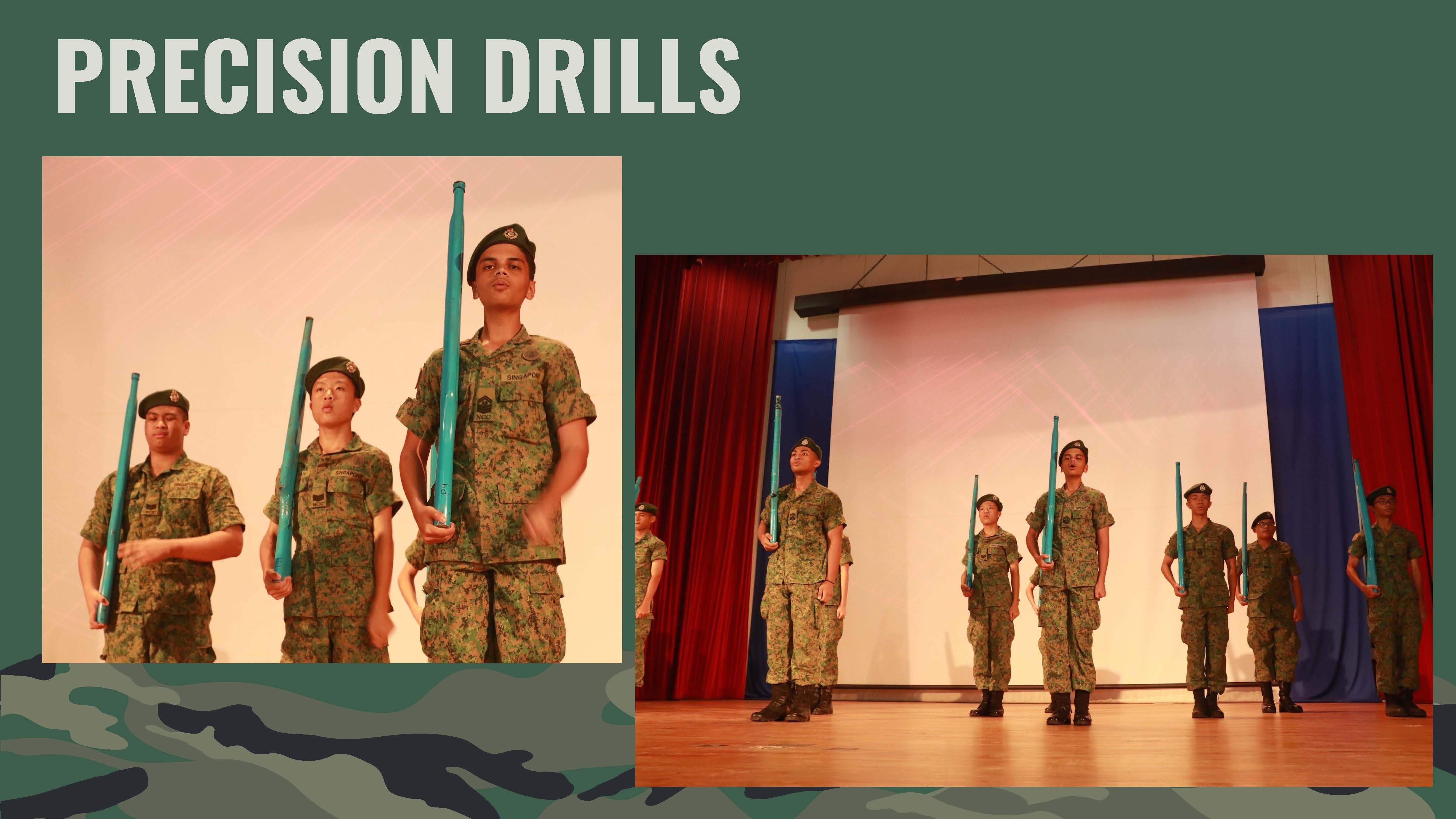 Slide titled PRECISION DRILLS showing uniformed cadets holding blue drill rifles on a stage.